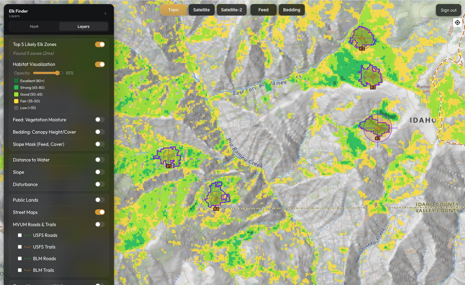 Elk Finder habitat visualization layer scoring elk habitat quality across an Idaho topo map