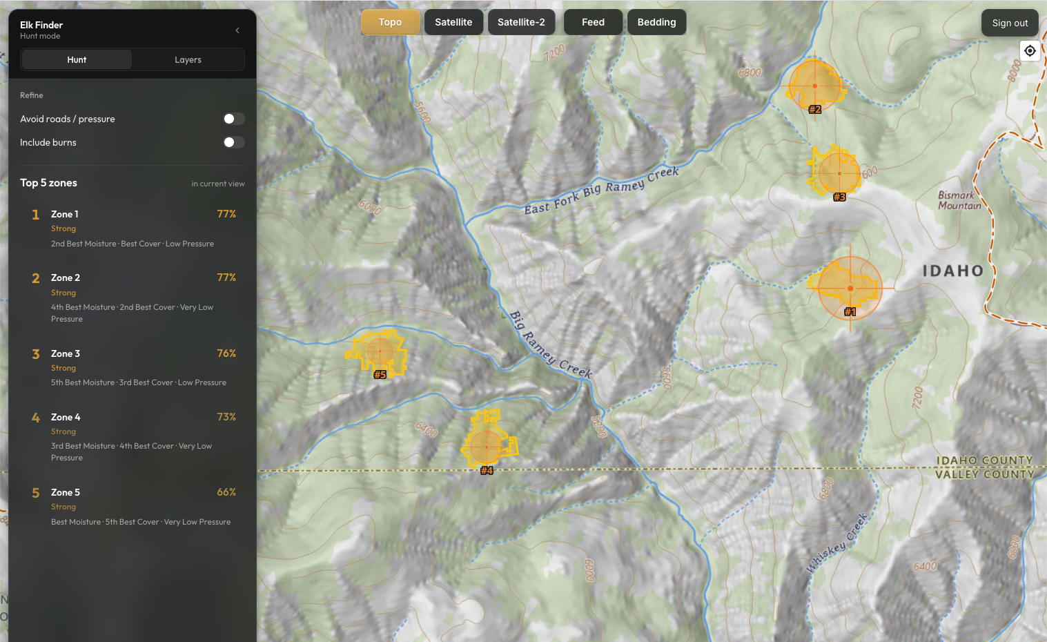 Elk Finder Hunt Mode showing the top five ranked Likely Elk Zones on an Idaho topo map