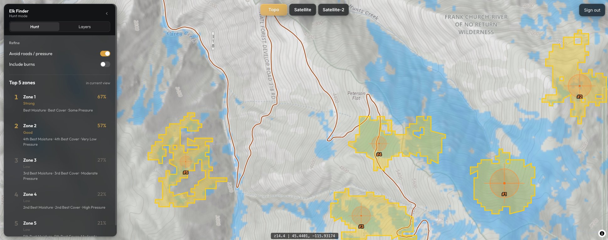 Elk Finder map interface showing ranked elk habitat zones in the Frank Church-River of No Return Wilderness
